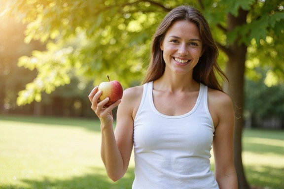 Szczęśliwa kobieta trzymająca w dłoniach jabłko, symbolizująca sukces w odchudzaniu